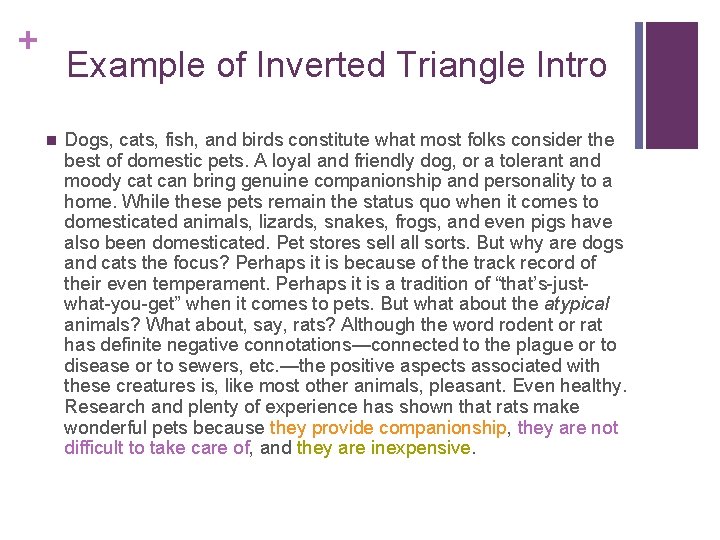 + Example of Inverted Triangle Intro n Dogs, cats, fish, and birds constitute what