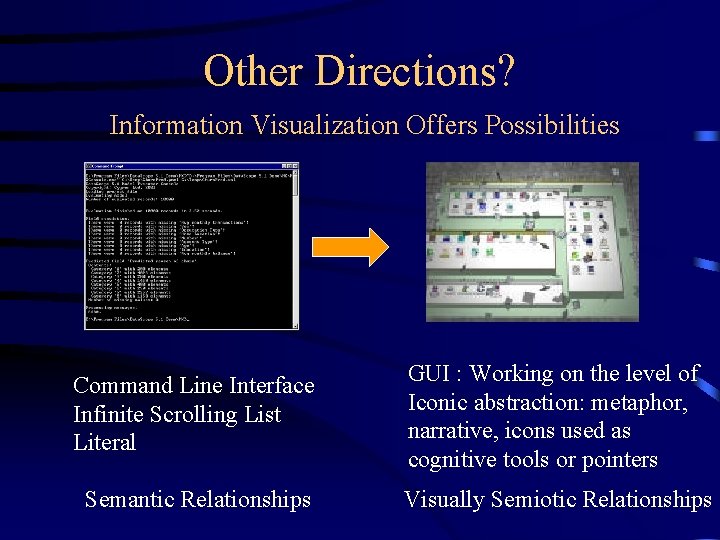 Other Directions? Information Visualization Offers Possibilities Command Line Interface Infinite Scrolling List Literal GUI Other Directions? Information Visualization Offers Possibilities Command Line Interface Infinite Scrolling List Literal GUI