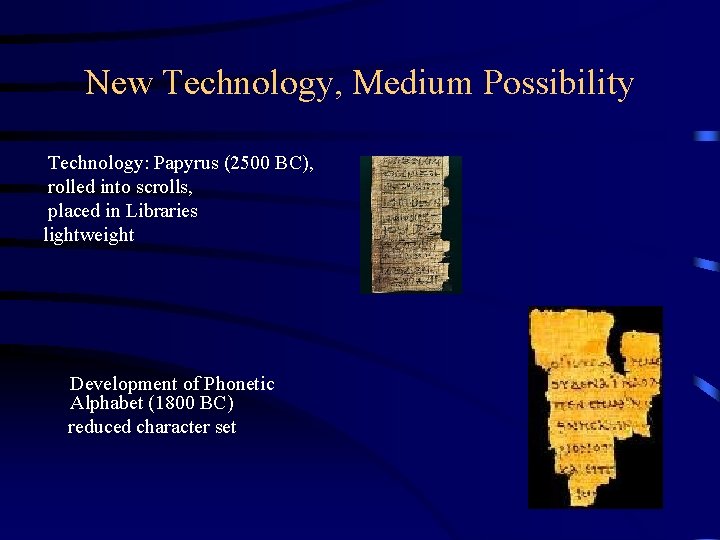 New Technology, Medium Possibility Technology: Papyrus (2500 BC), rolled into scrolls, placed in Libraries New Technology, Medium Possibility Technology: Papyrus (2500 BC), rolled into scrolls, placed in Libraries