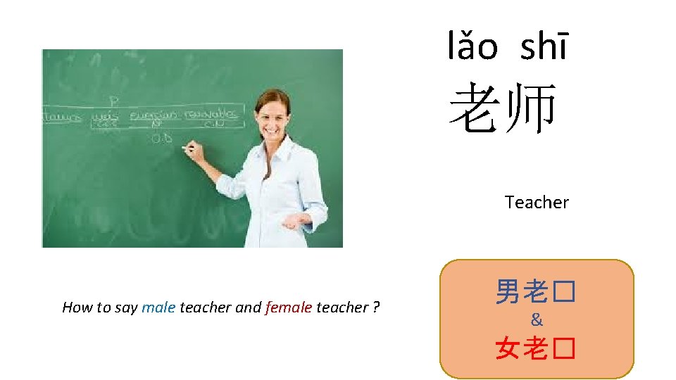 lǎo shī 老师 Teacher How to say male teacher and female teacher ? 男老�