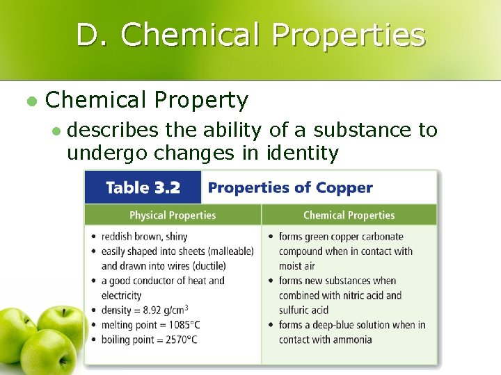 D. Chemical Properties l Chemical Property l describes the ability of a substance to