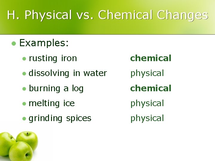 H. Physical vs. Chemical Changes l Examples: l rusting iron chemical l dissolving in