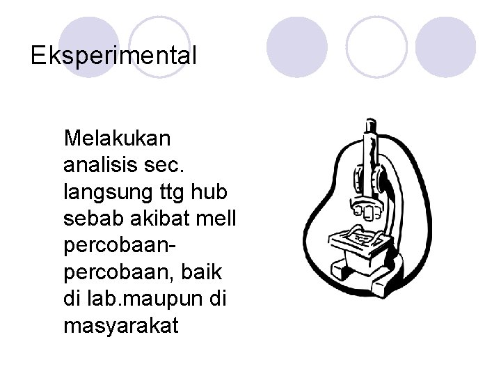 Eksperimental Melakukan analisis sec. langsung ttg hub sebab akibat mell percobaan, baik di lab.