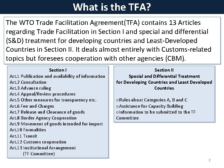 What is the TFA? The WTO Trade Facilitation Agreement(TFA) contains 13 Articles regarding Trade