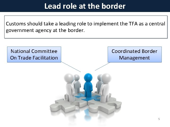 Lead role at the border Customs should take a leading role to implement the