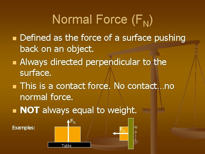 Normal Force (FN) n n Defined as the force of a surface pushing back