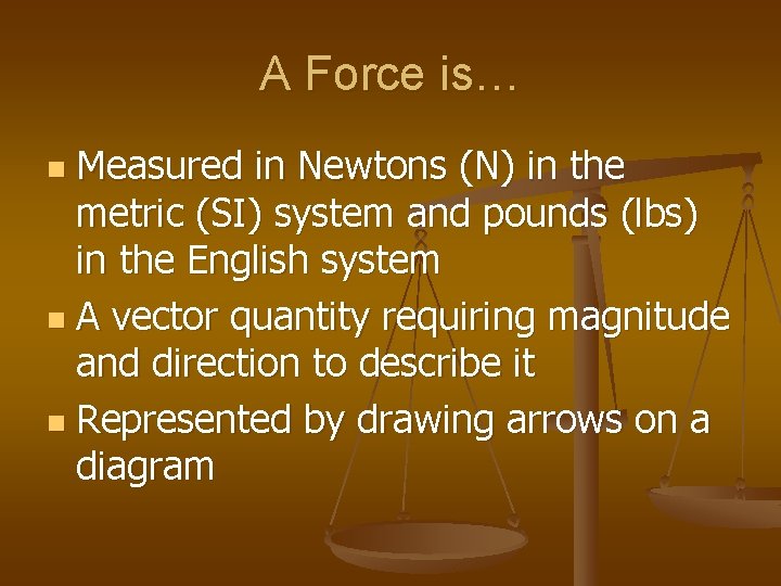 A Force is… Measured in Newtons (N) in the metric (SI) system and pounds