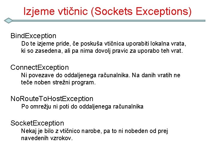 Izjeme vtičnic (Sockets Exceptions) Bind. Exception Do te izjeme pride, če poskuša vtičnica uporabiti