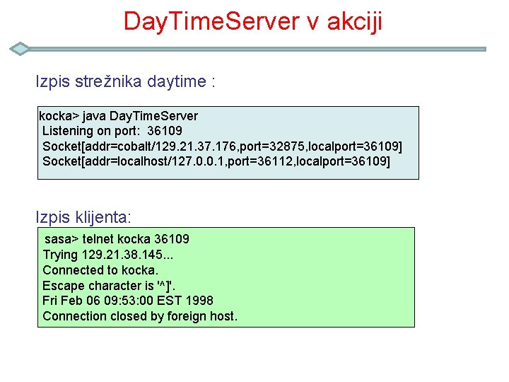 Day. Time. Server v akciji Izpis strežnika daytime : kocka> java Day. Time. Server