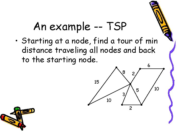 An example -- TSP • Starting at a node, find a tour of min