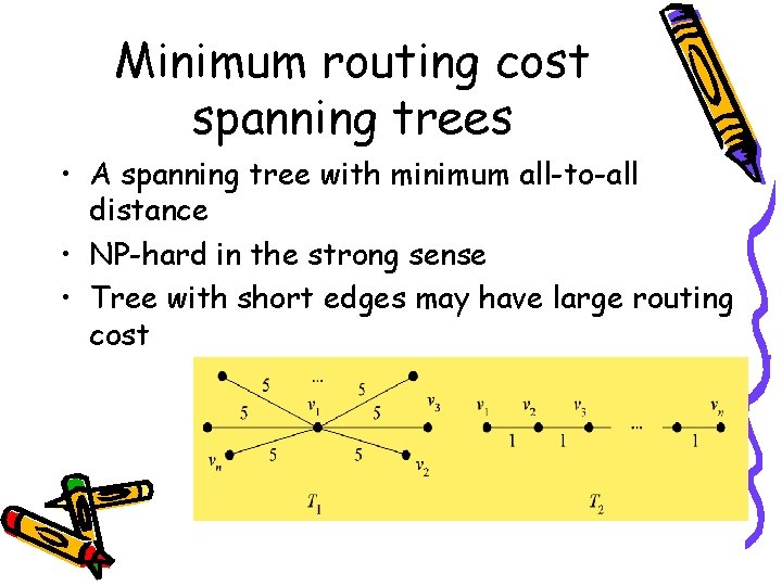 Minimum routing cost spanning trees • A spanning tree with minimum all-to-all distance •