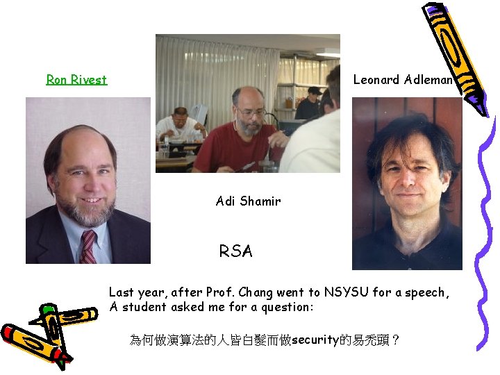 Ron Rivest Leonard Adleman Adi Shamir RSA Last year, after Prof. Chang went to