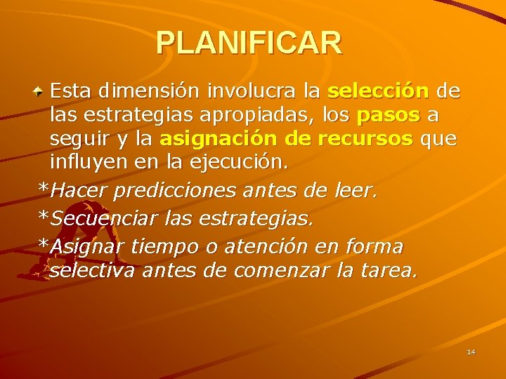 PLANIFICAR Esta dimensión involucra la selección de las estrategias apropiadas, los pasos a seguir PLANIFICAR Esta dimensión involucra la selección de las estrategias apropiadas, los pasos a seguir