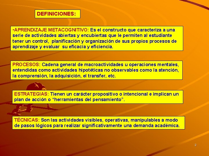 DEFINICIONES: • APRENDIZAJE METACOGNITIVO: Es el constructo que caracteriza a una serie de actividades DEFINICIONES: • APRENDIZAJE METACOGNITIVO: Es el constructo que caracteriza a una serie de actividades