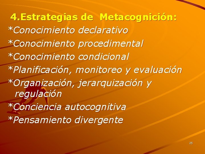 4. Estrategias de Metacognición: *Conocimiento declarativo *Conocimiento procedimental *Conocimiento condicional *Planificación, monitoreo y evaluación 4. Estrategias de Metacognición: *Conocimiento declarativo *Conocimiento procedimental *Conocimiento condicional *Planificación, monitoreo y evaluación