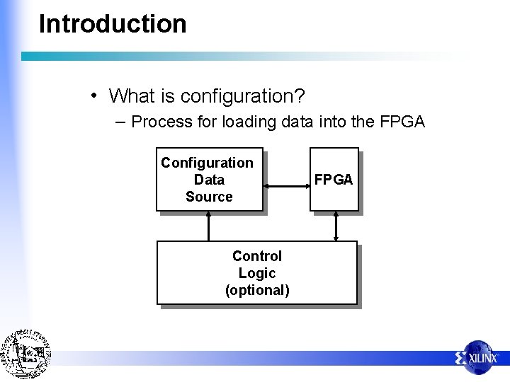 Introduction • What is configuration? – Process for loading data into the FPGA Configuration
