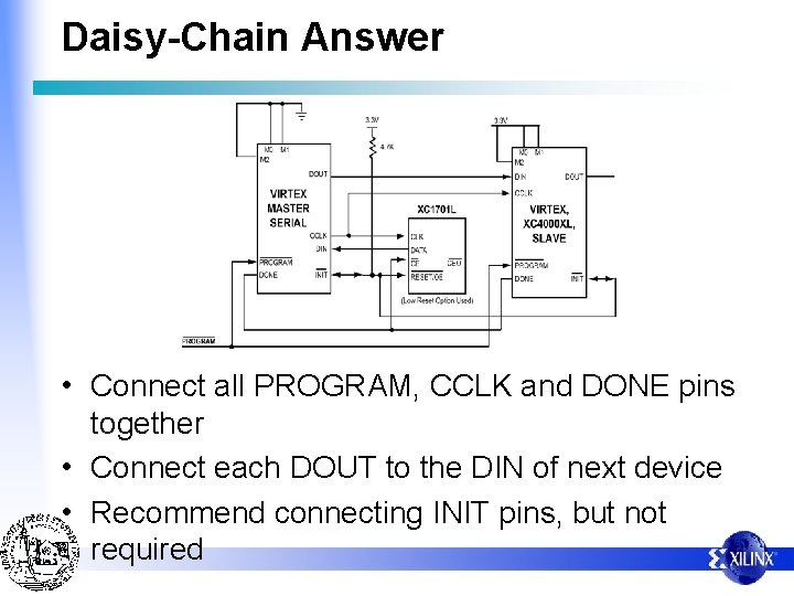 Daisy-Chain Answer • Connect all PROGRAM, CCLK and DONE pins together • Connect each