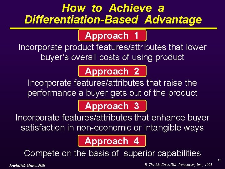 How to Achieve a Differentiation-Based Advantage Approach 1 Incorporate product features/attributes that lower buyer’s How to Achieve a Differentiation-Based Advantage Approach 1 Incorporate product features/attributes that lower buyer’s