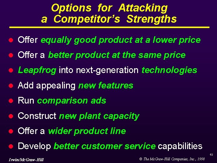 Options for Attacking a Competitor’s Strengths l Offer equally good product at a lower Options for Attacking a Competitor’s Strengths l Offer equally good product at a lower