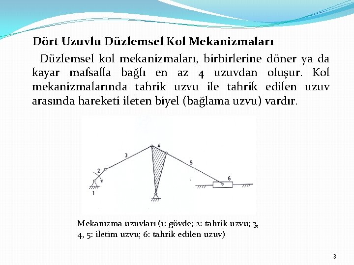 Dört Uzuvlu Düzlemsel Kol Mekanizmaları Düzlemsel kol mekanizmaları, birbirlerine döner ya da kayar mafsalla