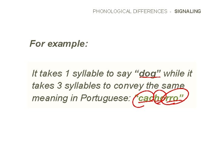 PHONOLOGICAL DIFFERENCES - SIGNALING For example: It takes 1 syllable to say “dog” while