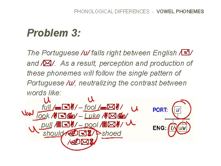 PHONOLOGICAL DIFFERENCES - VOWEL PHONEMES Problem 3: The Portuguese /u/ falls right between English