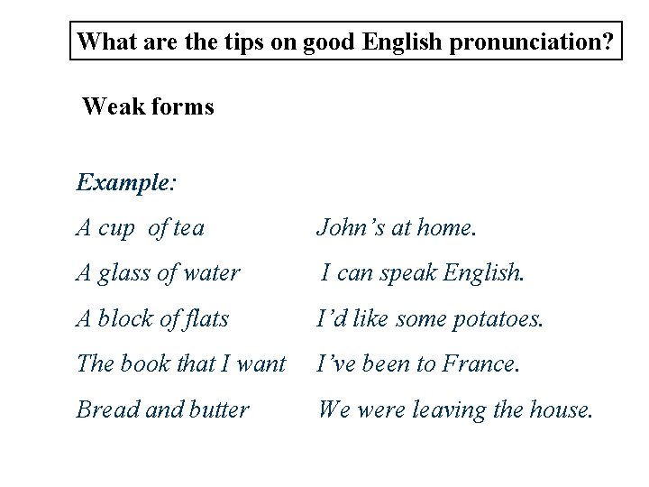 What are the tips on good English pronunciation? Weak forms Example: A cup of