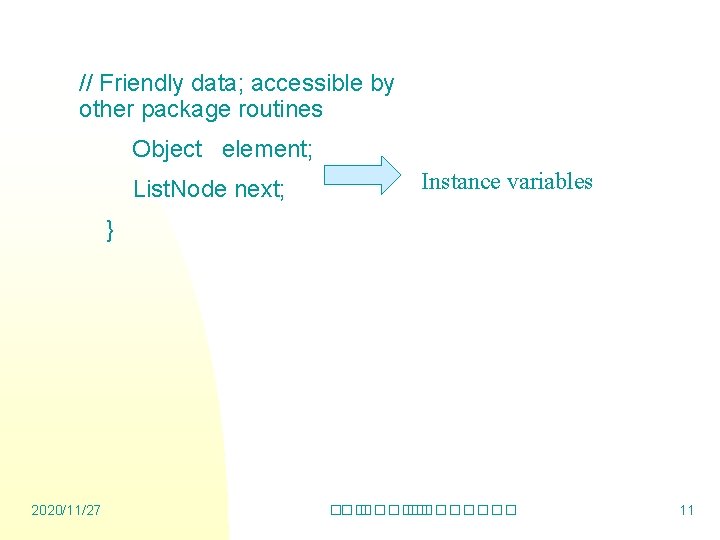 // Friendly data; accessible by other package routines Object element; List. Node next; Instance