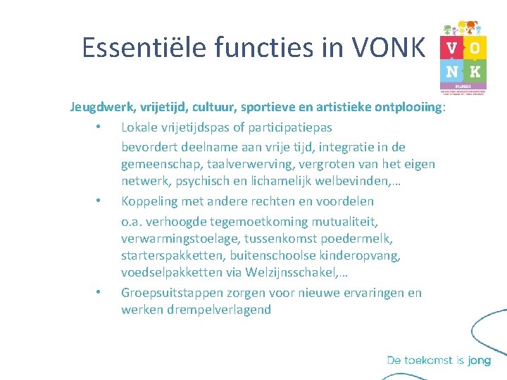 Essentiële functies in VONK Jeugdwerk, vrijetijd, cultuur, sportieve en artistieke ontplooiing: • Lokale vrijetijdspas