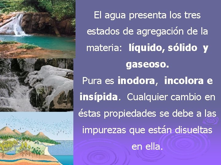 El agua presenta los tres estados de agregación de la materia: líquido, sólido y