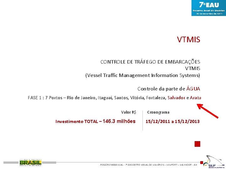 VTMIS CONTROLE DE TRÁFEGO DE EMBARCAÇÕES VTMIS (Vessel Traffic Management Information Systems) Controle da