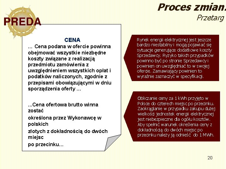 Proces zmian. Przetarg CENA … Cena podana w ofercie powinna obejmować wszystkie niezbędne koszty