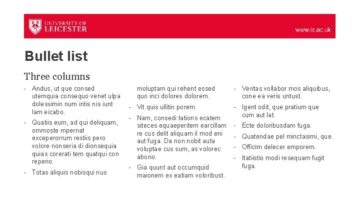 Bullet list Three columns - Andus, ut que consed utemquia consequo venet ulpa dolessimin
