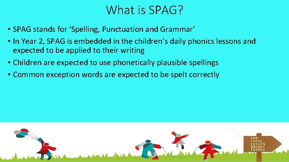 What is SPAG? • SPAG stands for ‘Spelling, Punctuation and Grammar’ • In Year