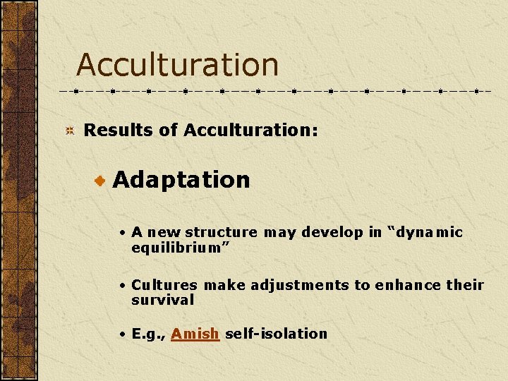 Acculturation Results of Acculturation: Adaptation • A new structure may develop in “dynamic equilibrium”