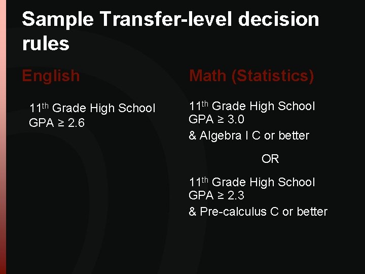 Sample Transfer-level decision rules English 11 th Grade High School GPA ≥ 2. 6 Sample Transfer-level decision rules English 11 th Grade High School GPA ≥ 2. 6