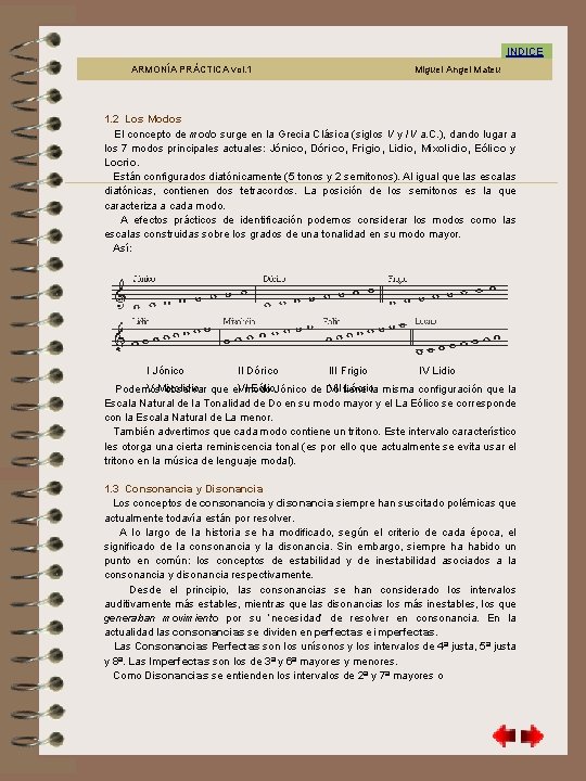 1. 2 INDICE ARMONÍA PRÁCTICA vol. 1 Miguel Angel Mateu 1. 2 Los Modos