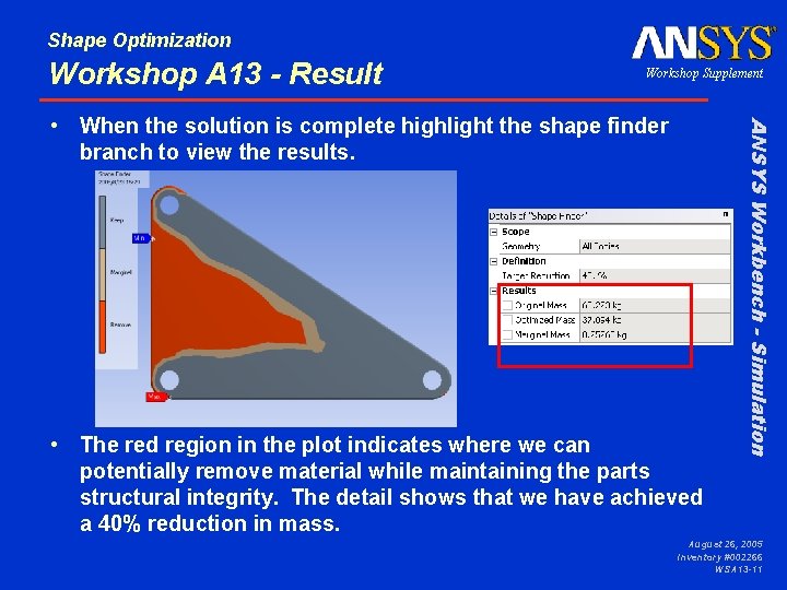 Shape Optimization Workshop A 13 - Result Workshop Supplement • The red region in