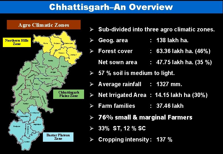 Chhattisgarh–An Overview Agro Climatic Zones Northern Hills Zone Ø Sub-divided into three agro climatic