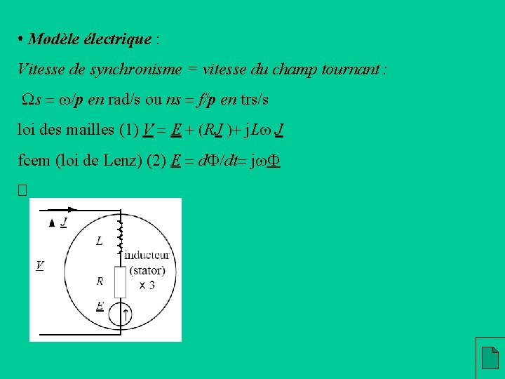  • Modèle électrique : Vitesse de synchronisme = vitesse du champ tournant :