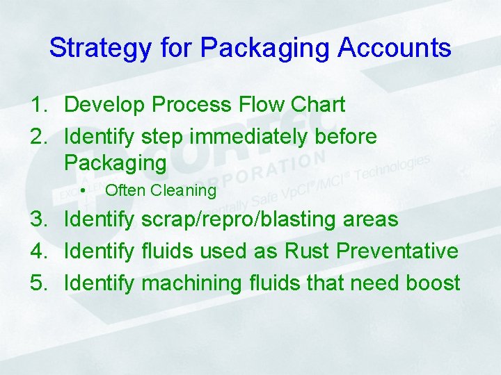 Strategy for Packaging Accounts 1. Develop Process Flow Chart 2. Identify step immediately before