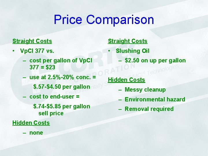 Price Comparison Straight Costs • Vp. CI 377 vs. • Slushing Oil – cost