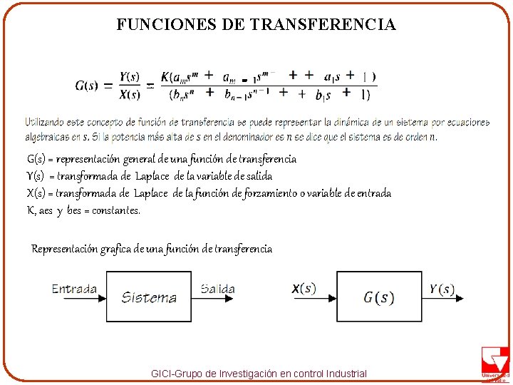 FUNCIONES DE TRANSFERENCIA G(s) = representación general de una función de transferencia Y(s) =