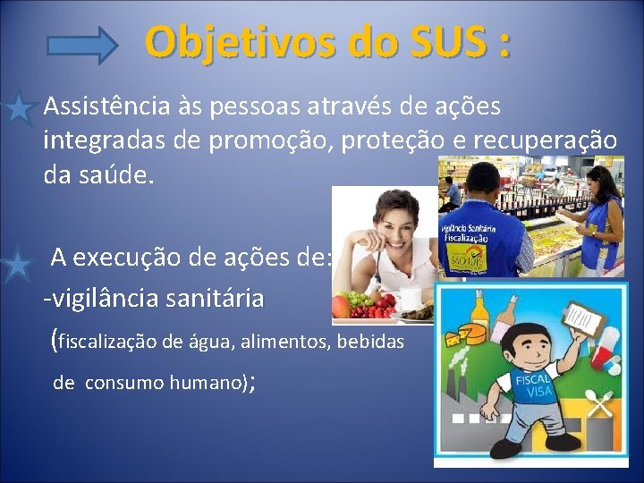 Objetivos do SUS : Assistência às pessoas através de ações integradas de promoção, proteção