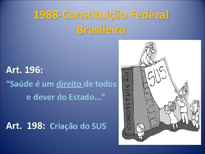  1988 -Constituição Federal Brasileira Art. 196: “Saúde é um direito de todos e