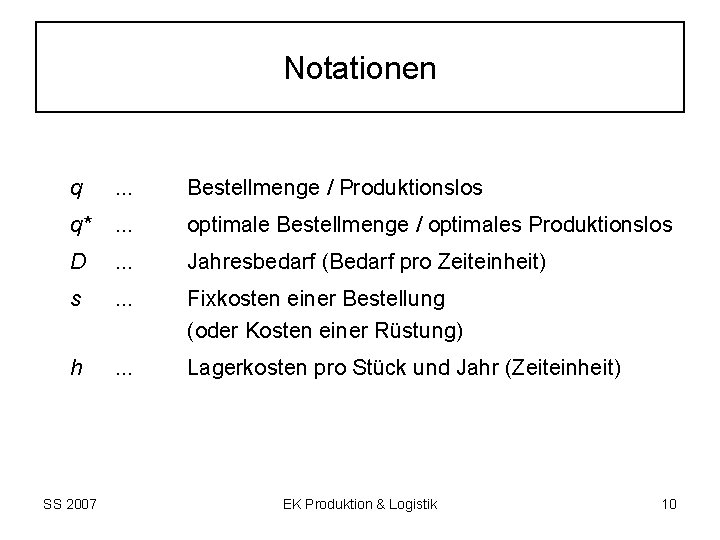 Notationen q . . . Bestellmenge / Produktionslos q* . . . optimale Bestellmenge