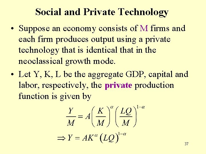 Social and Private Technology • Suppose an economy consists of M firms and each
