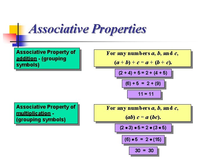 Associative Properties Associative Property of addition - (grouping symbols) For any numbers a, b,