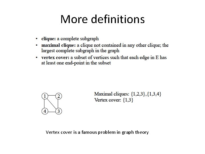 More definitions Vertex cover is a famous problem in graph theory 