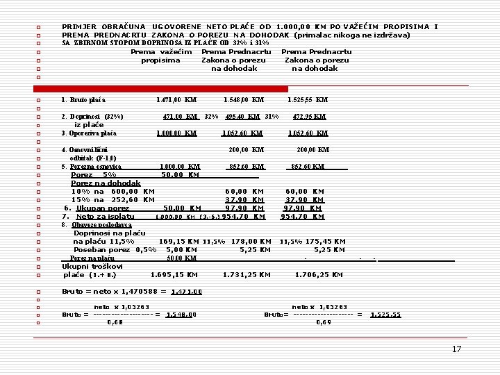 o o o PRIMJER OBRAČUNA UGOVORENE NETO PLAĆE OD 1. 000, 00 KM PO